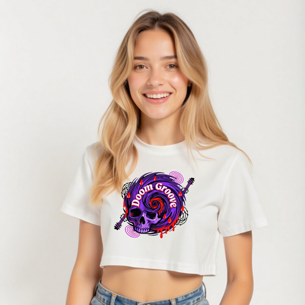 Women's Crop Top - Purple Skull Doom Groove Graphic Tee - Image 5