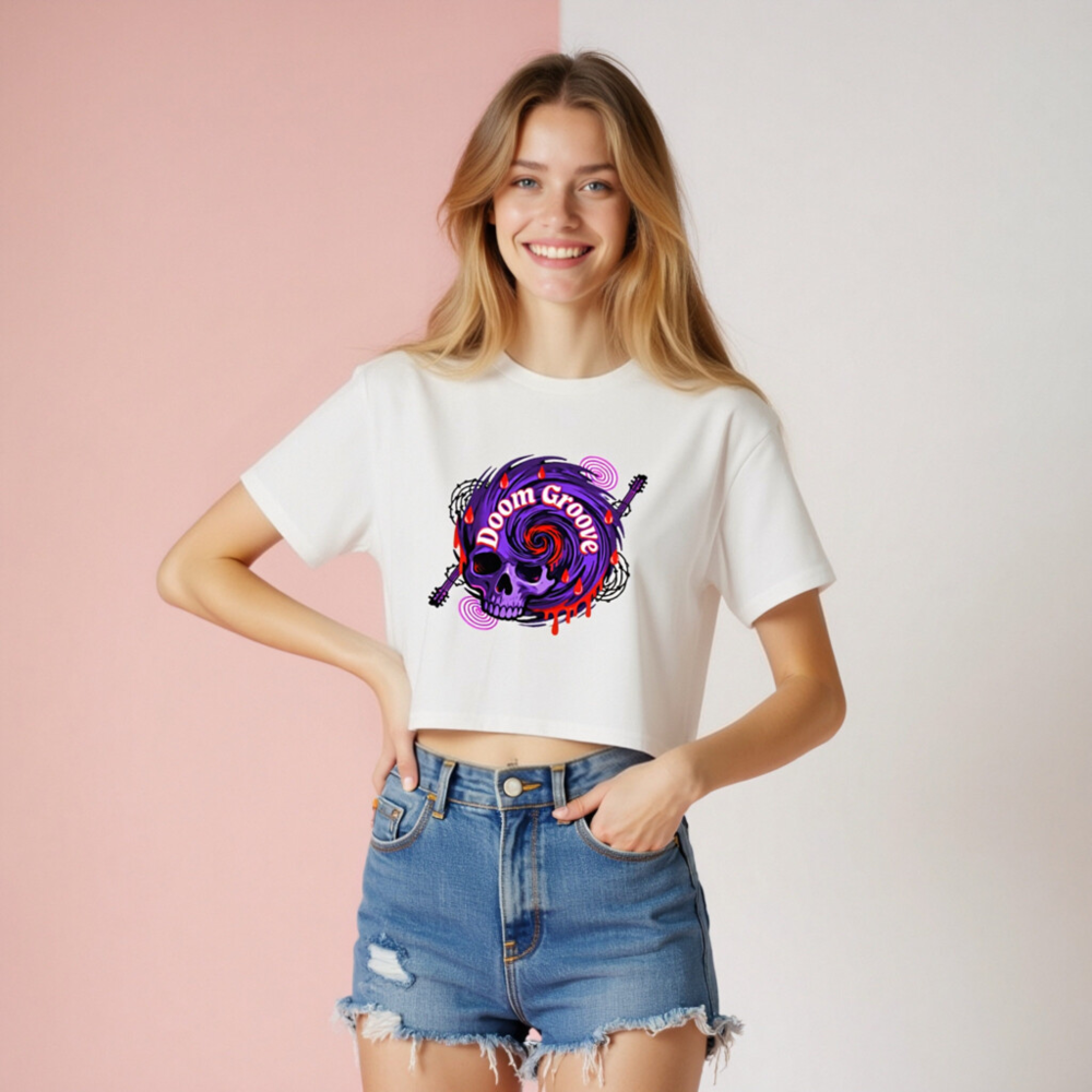 Women's Crop Top - Purple Skull Doom Groove Graphic Tee - Image 8