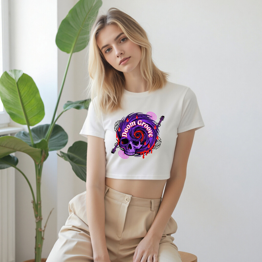 Women's Crop Top - Purple Skull Doom Groove Graphic Tee - Image 9