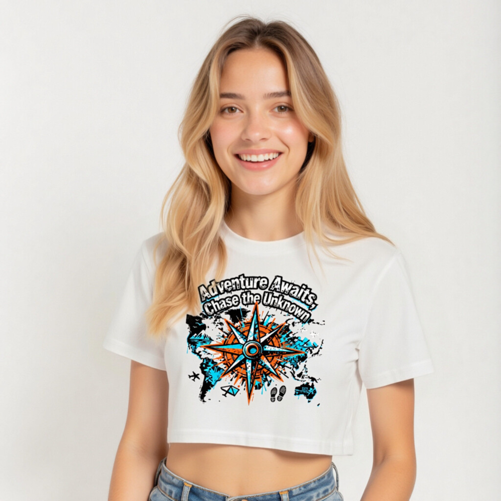 Women's Crop Top - Adventure Awaits, Chase the Unknown | Compass World Map Design - Image 5