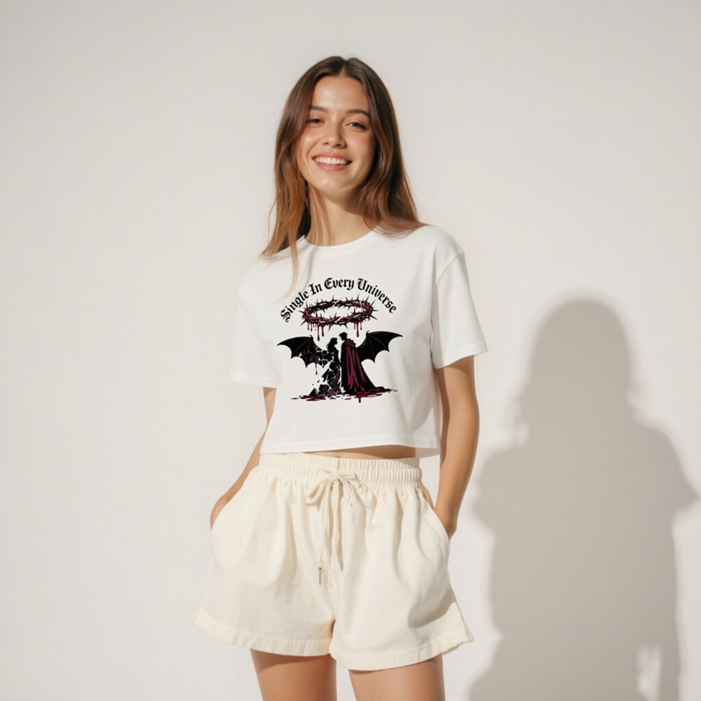 Women's Crop Top - Single In Every Universe, Gothic Angel & Devil T-Shirt - Image 4