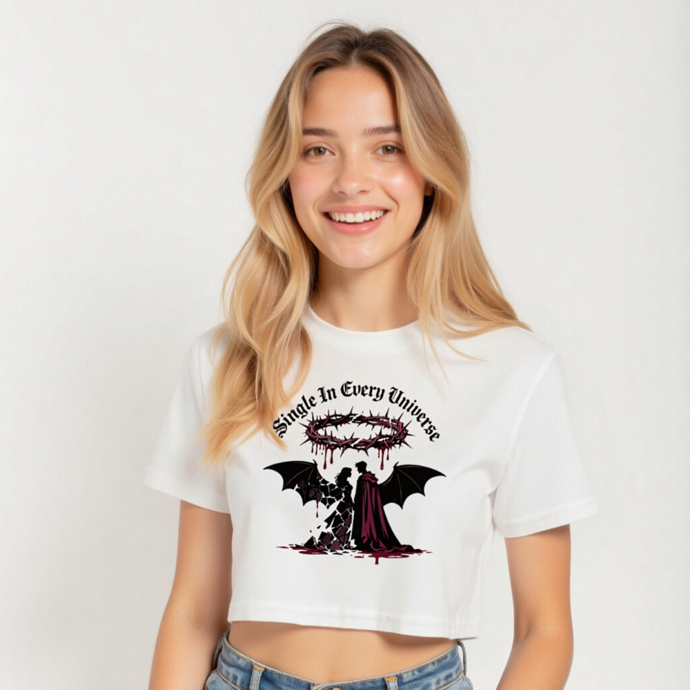 Women's Crop Top - Single In Every Universe, Gothic Angel & Devil T-Shirt - Image 5
