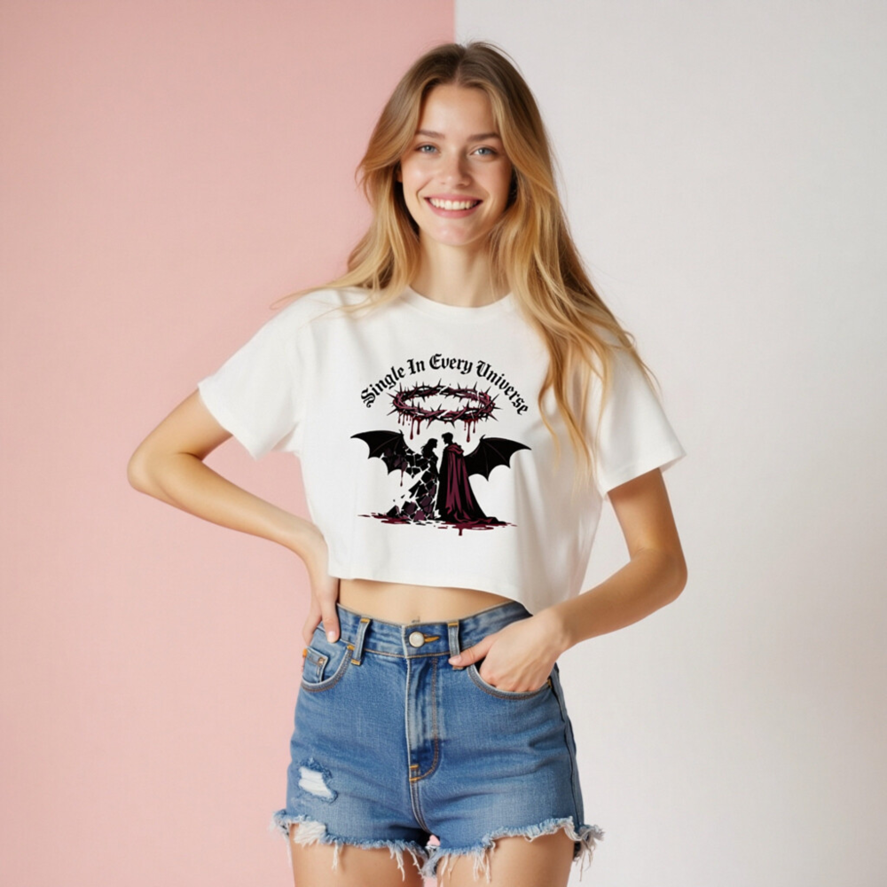 Women's Crop Top - Single In Every Universe, Gothic Angel & Devil T-Shirt - Image 8