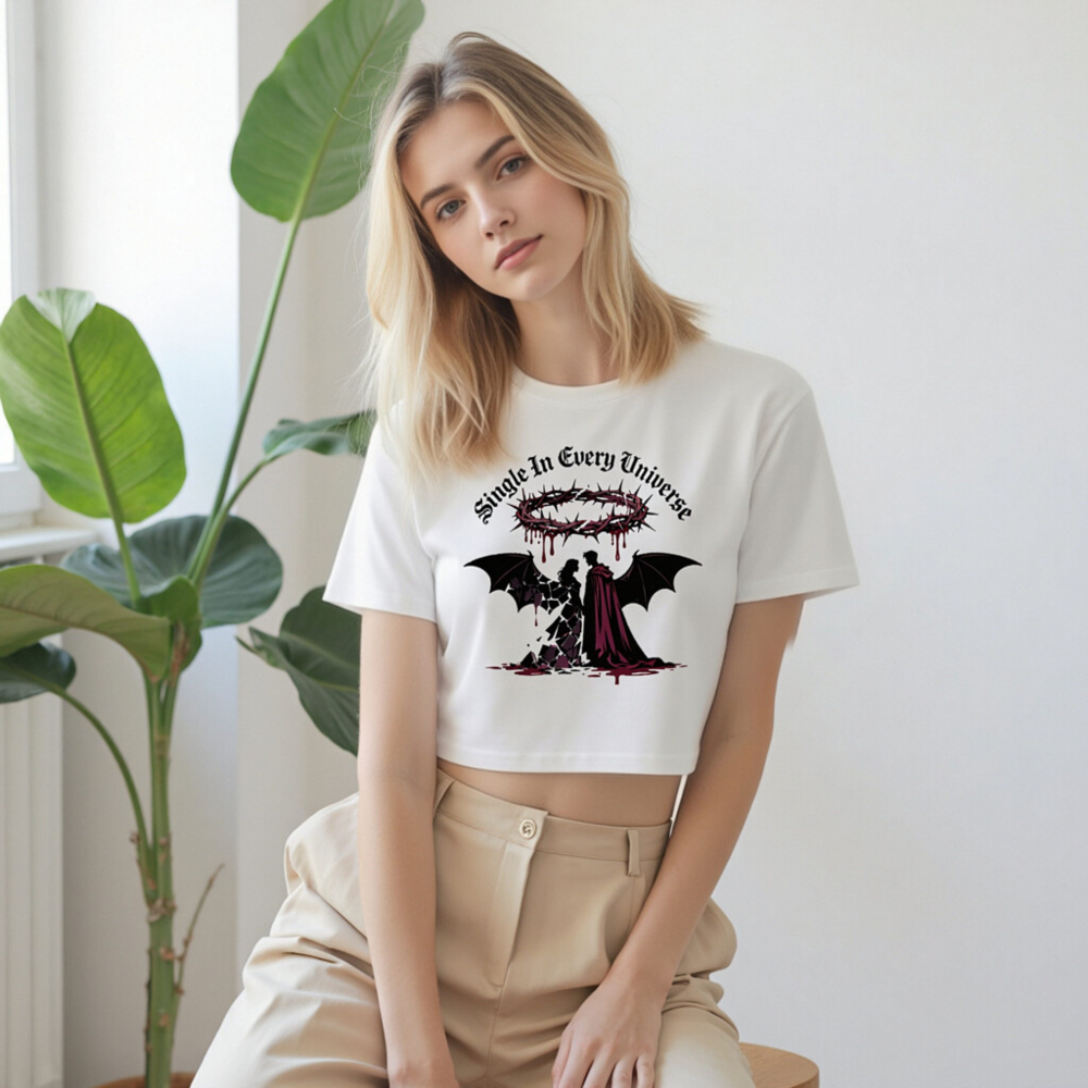 Women's Crop Top - Single In Every Universe, Gothic Angel & Devil T-Shirt - Image 9