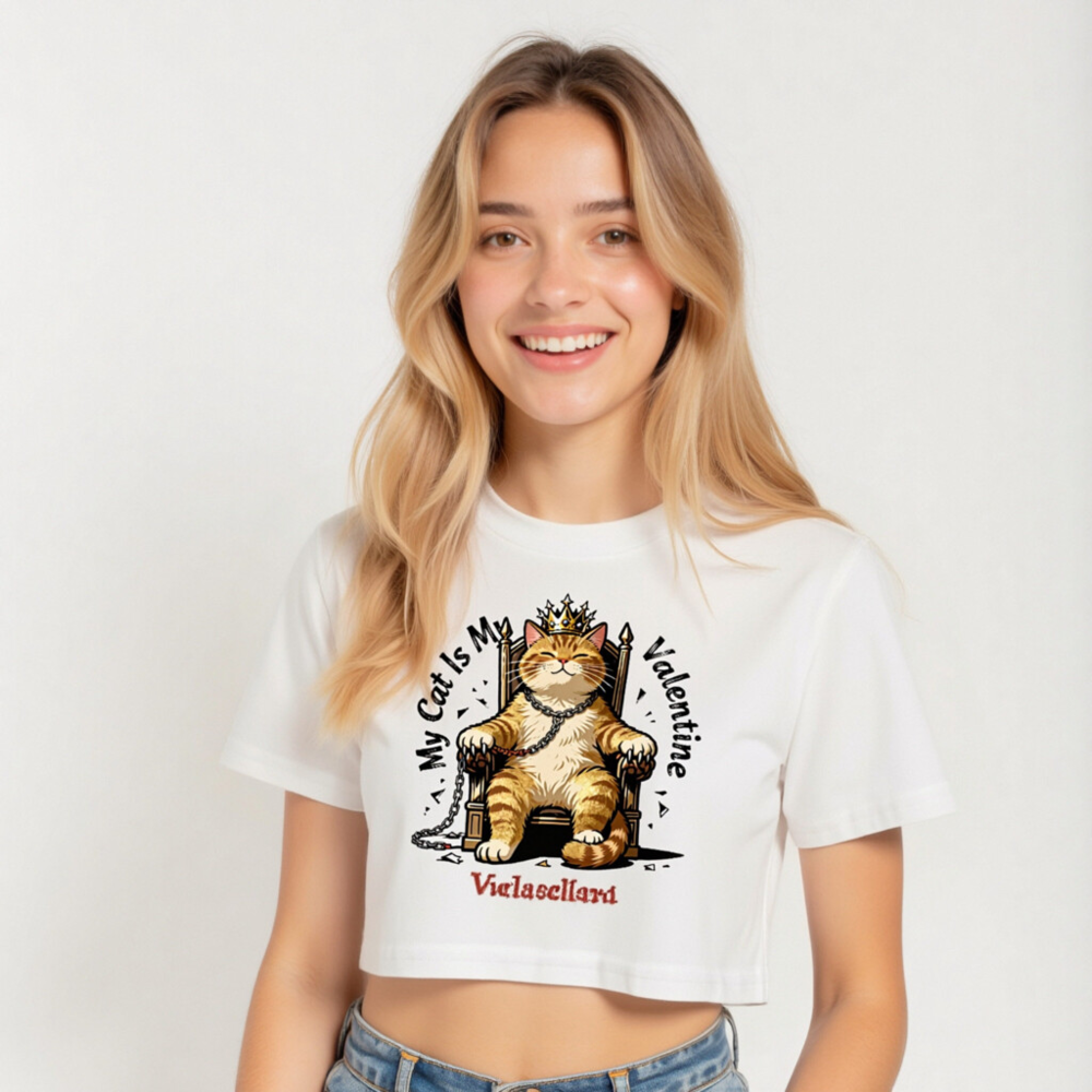 My Cat Is My Valentine Women's Crop Top - King Cat with Crown & Chain - Image 5