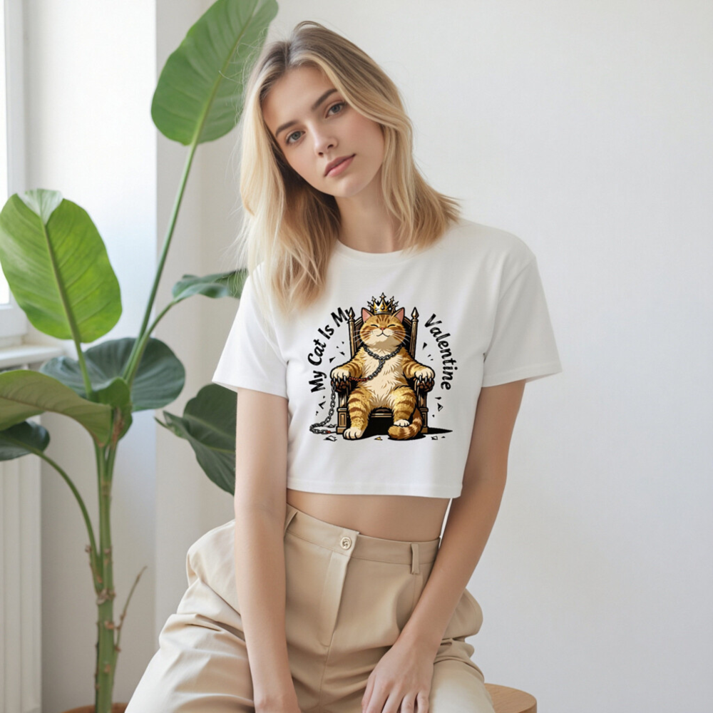 My Cat Is My Valentine Women's Crop Top - King Cat with Crown & Chain - Image 9