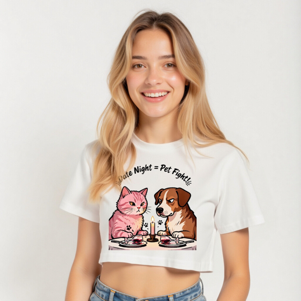 Women's Crop Top - 'Date Night = Pet Fight!' Cat & Dog Date Night Graphic Tee - Image 5