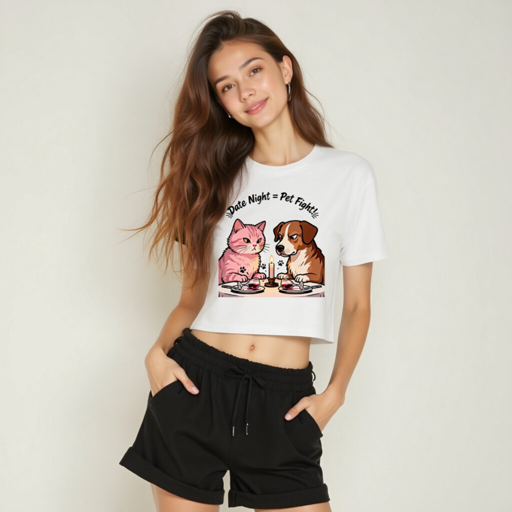 Women's Crop Top - 'Date Night = Pet Fight!' Cat & Dog Date Night Graphic Tee - Image 6
