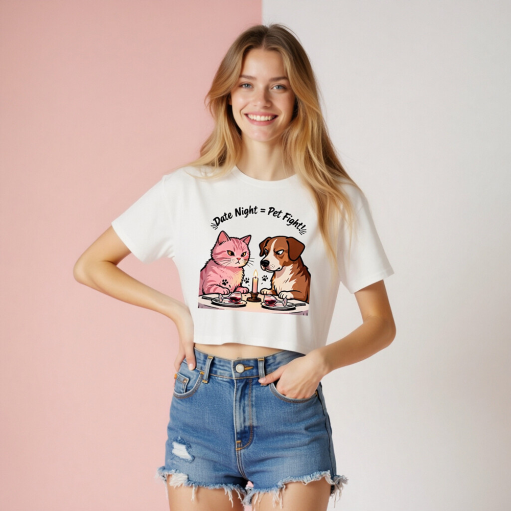 Women's Crop Top - 'Date Night = Pet Fight!' Cat & Dog Date Night Graphic Tee - Image 8