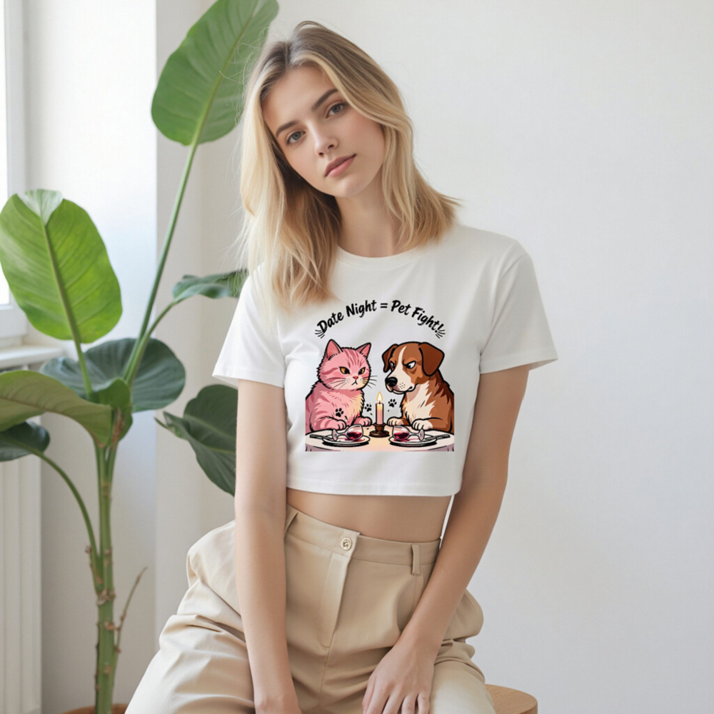 Women's Crop Top - 'Date Night = Pet Fight!' Cat & Dog Date Night Graphic Tee - Image 9