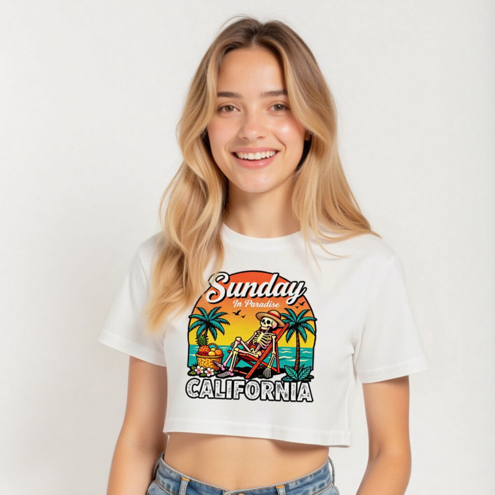 Sunday in Paradise California Women's Crop Top - Skeleton Beach Chair Design - Image 5