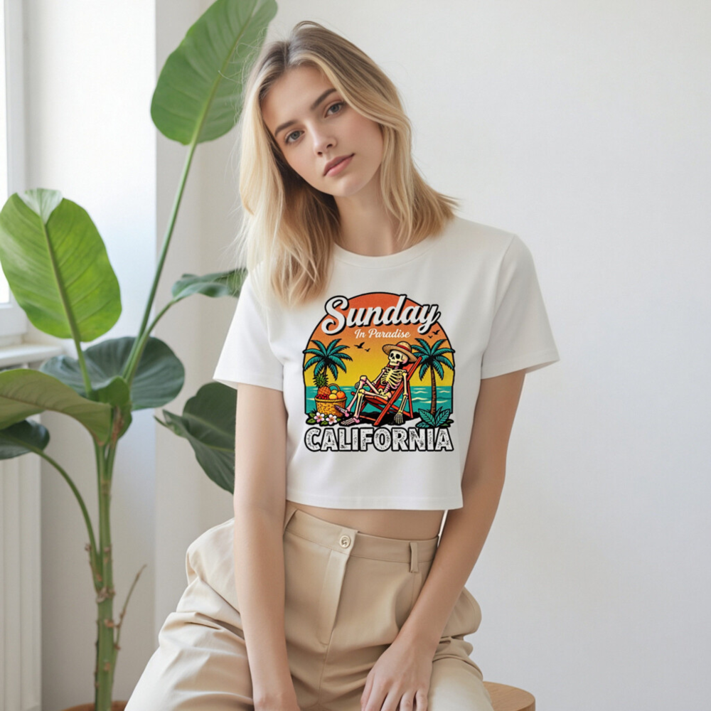 Sunday in Paradise California Women's Crop Top - Skeleton Beach Chair Design - Image 9