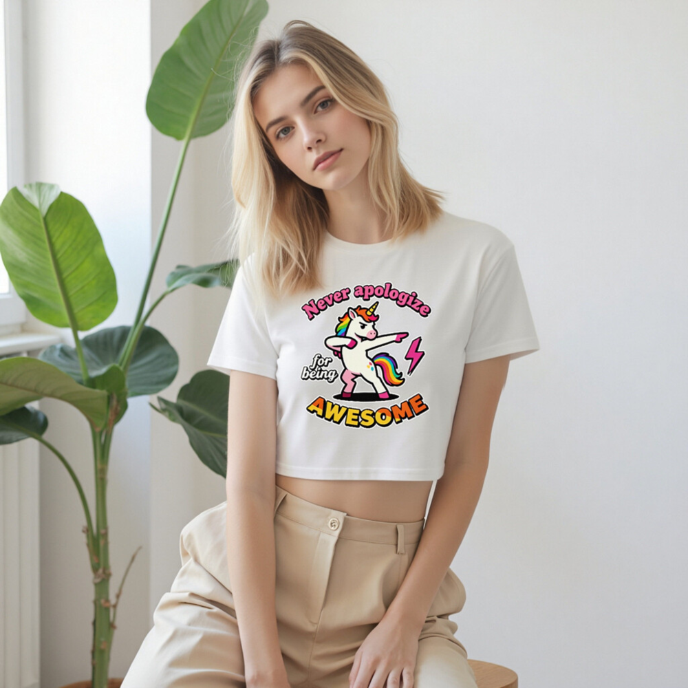 Unicorn Dab Crop Top for Women - Never Apologize for Being Awesome, Rainbow Unicorn Graphic - Image 9