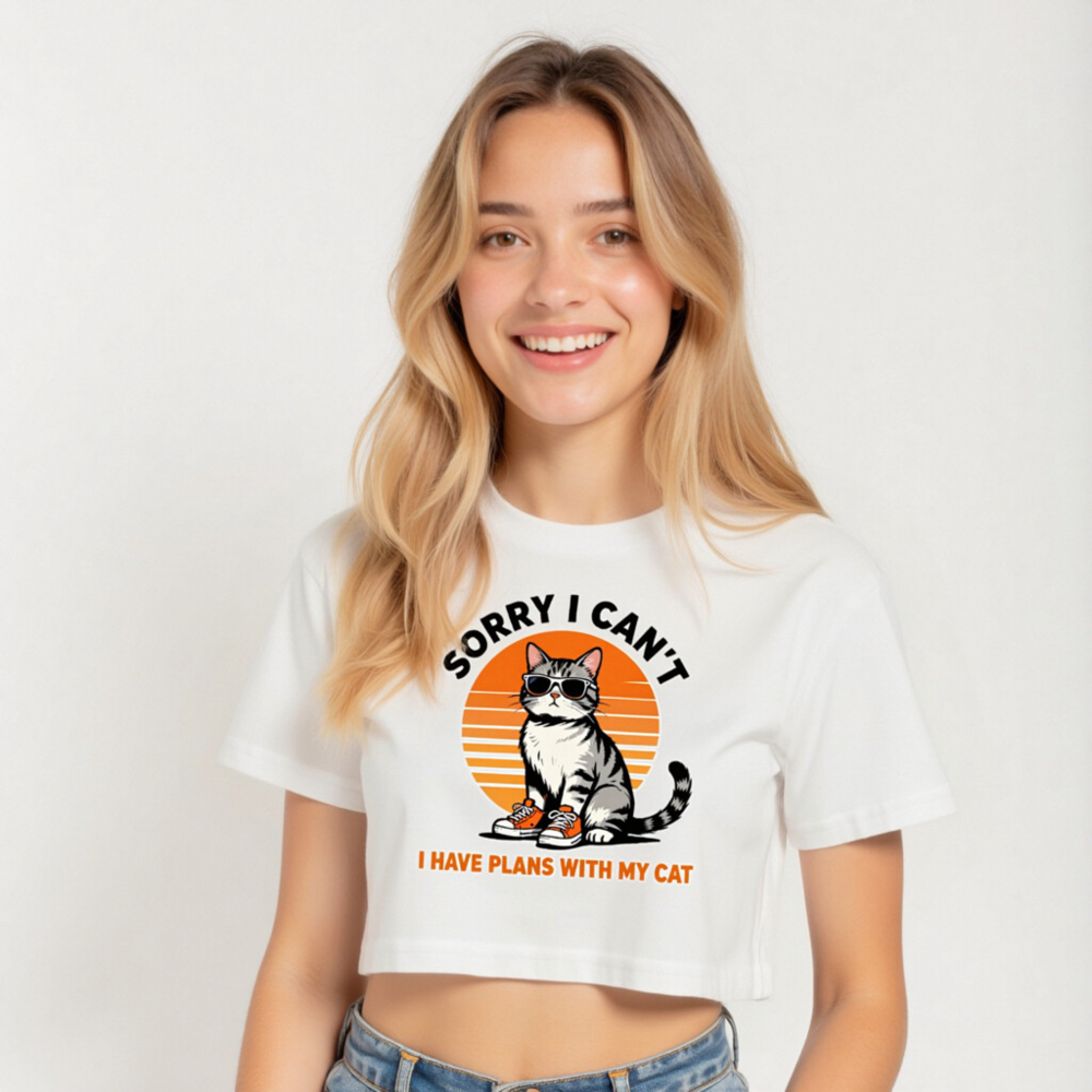 Women's Crop Top - 'Sorry I Can't, I Have Plans With My Cat' Vintage Cat Graphic Tee - Image 5