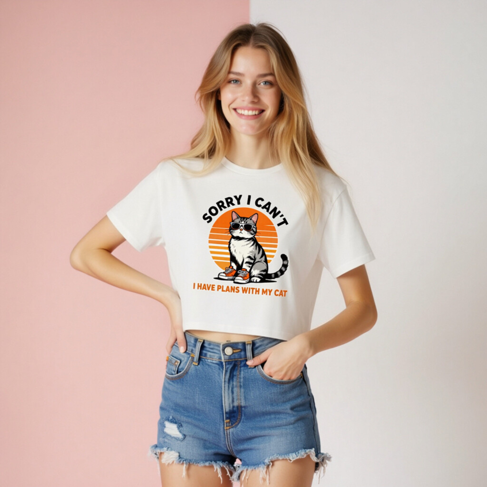 Women's Crop Top - 'Sorry I Can't, I Have Plans With My Cat' Vintage Cat Graphic Tee - Image 8