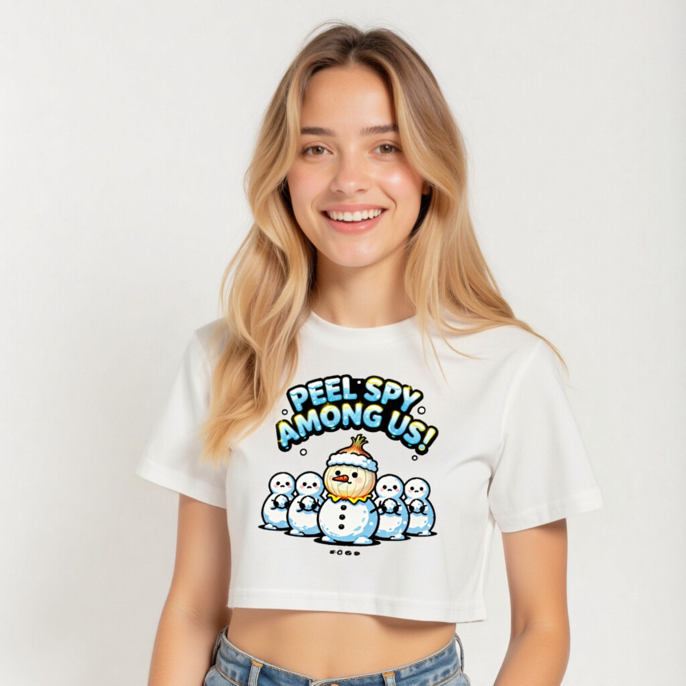 Women's Crop Top - Peel Spy Among Us Snowman Design, Cute Winter Graphic Tee - Image 5