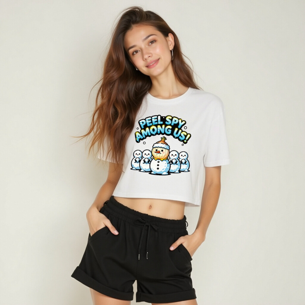Women's Crop Top - Peel Spy Among Us Snowman Design, Cute Winter Graphic Tee - Image 6