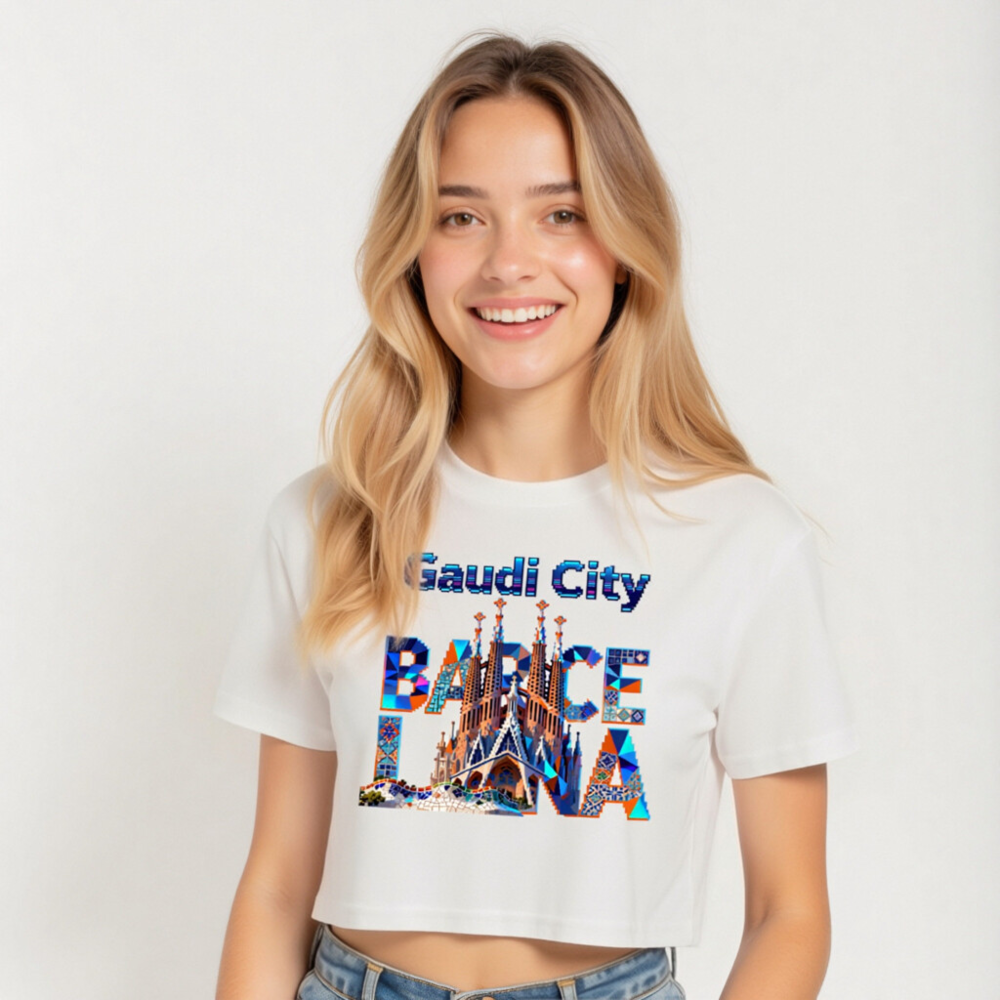 Gaudi City Barcelona Crop Top - Women's Short Sleeve T-Shirt with Sagrada Familia & Park Güell Design - Image 5
