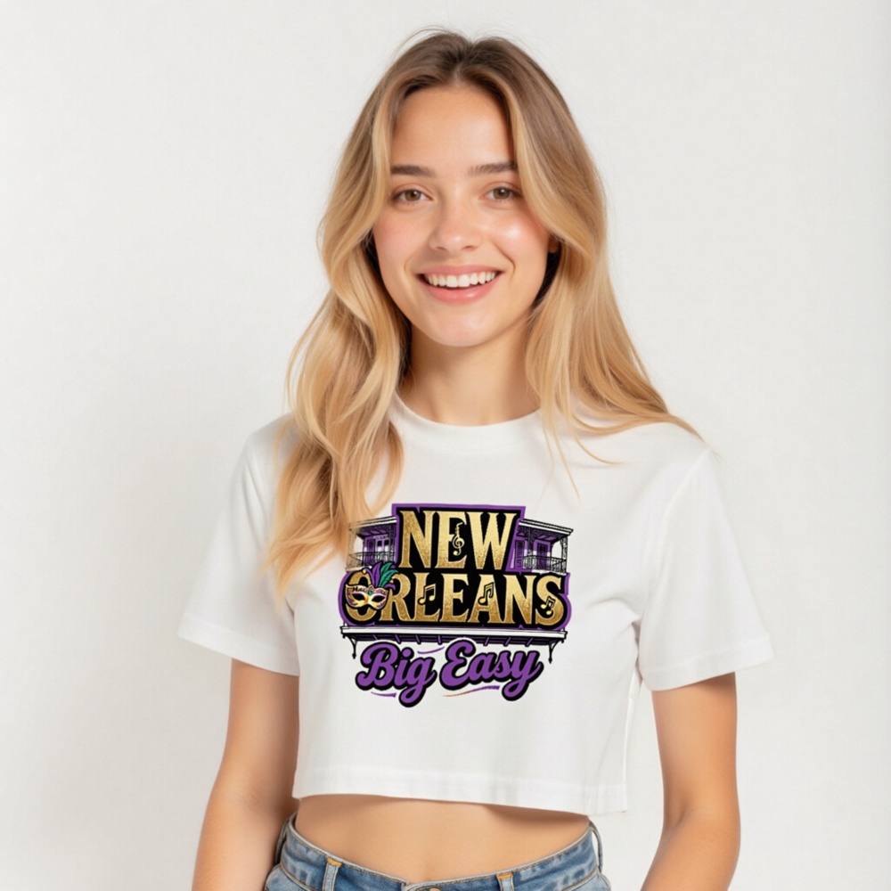 Women's New Orleans Big Easy Crop Top | Purple Gold Mardi Gras Design - Image 5