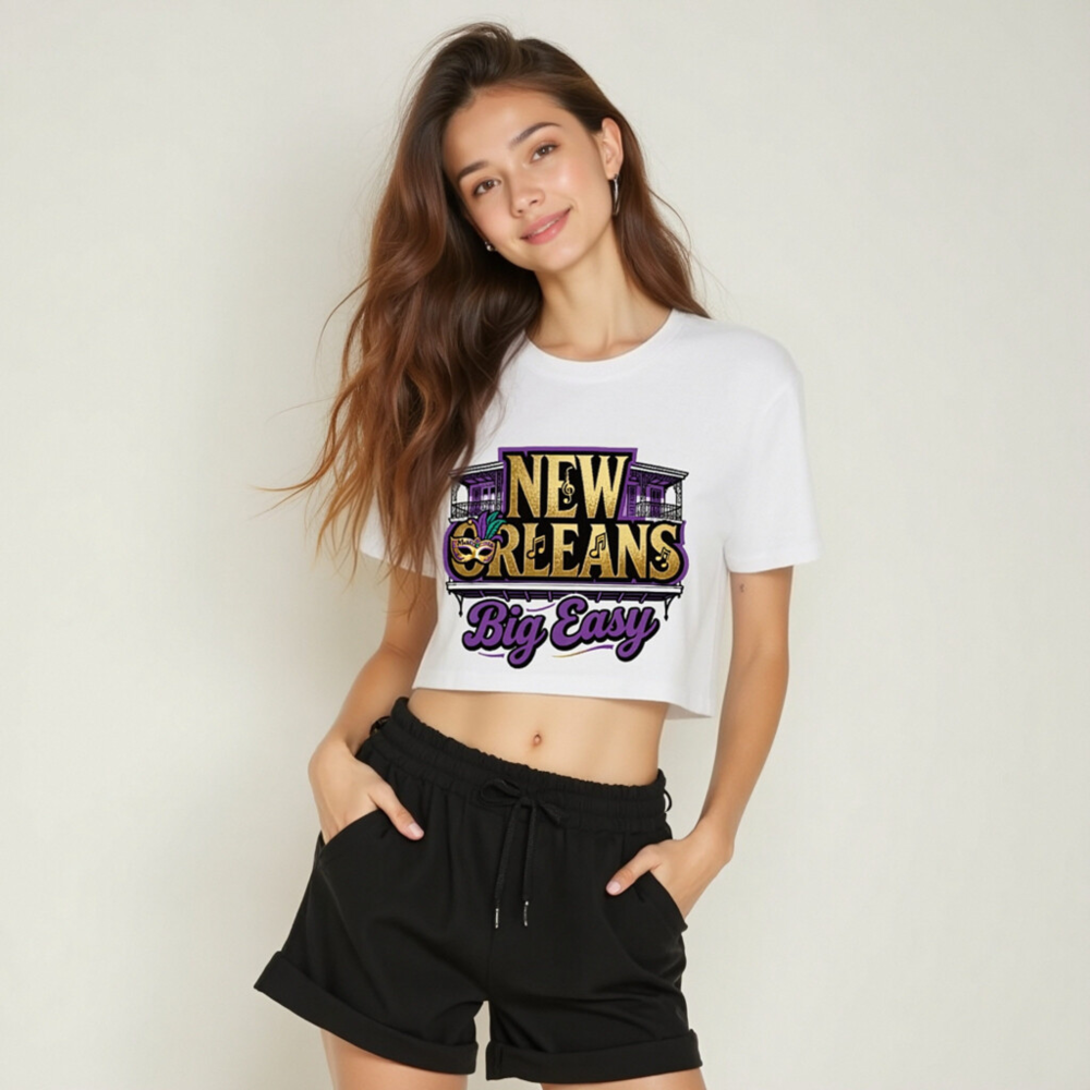 Women's New Orleans Big Easy Crop Top | Purple Gold Mardi Gras Design - Image 6
