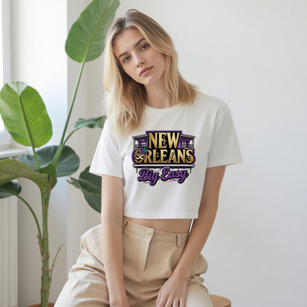 Women's New Orleans Big Easy Crop Top | Purple Gold Mardi Gras Design - Image 9