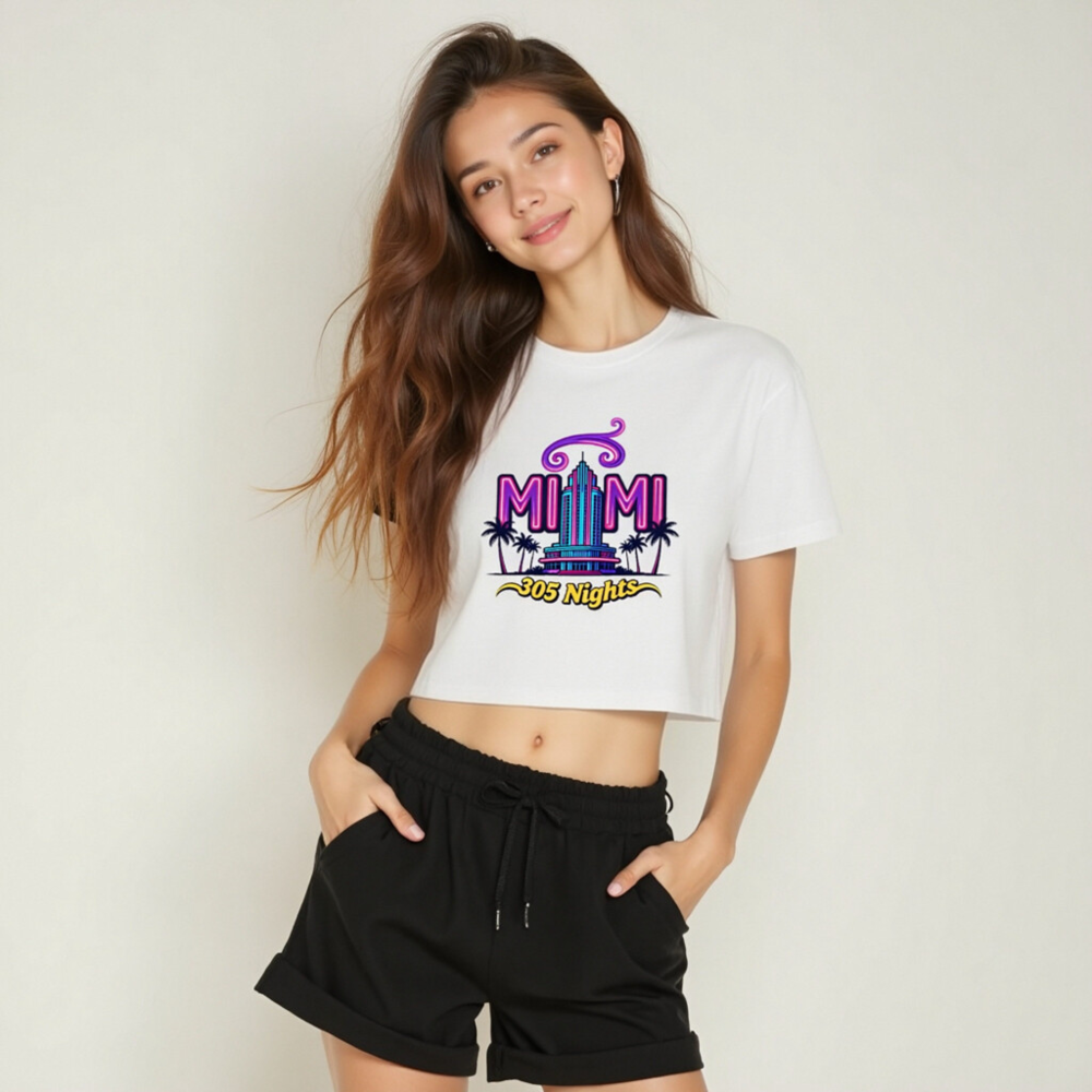 Miami 305 Nights Women's Crop Top | Neon Art, Palm Tree Design - Image 6