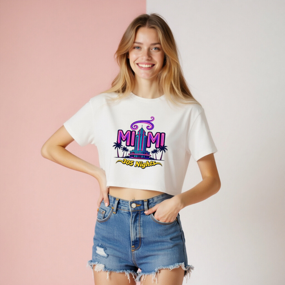 Miami 305 Nights Women's Crop Top | Neon Art, Palm Tree Design - Image 8