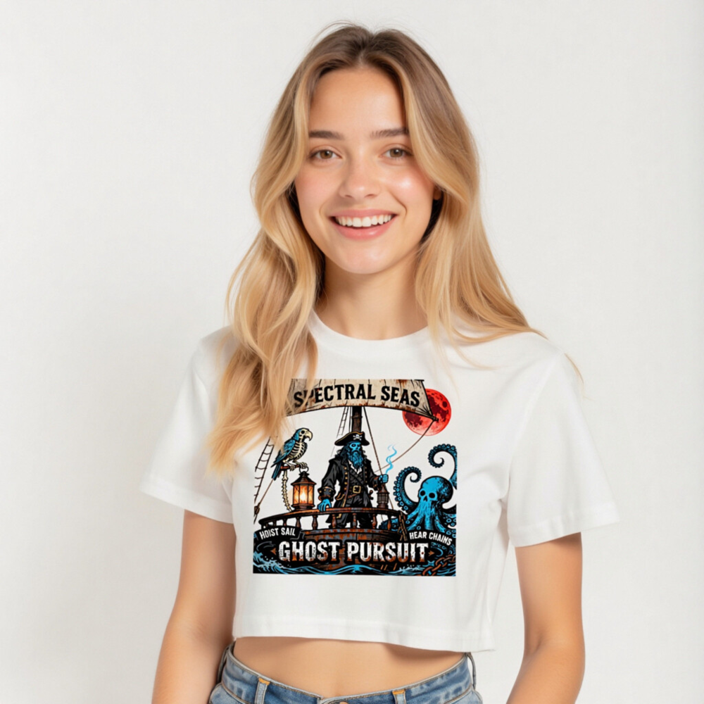 Women's Ghost Pursuit Crop Top | Spectral Seas Pirate Design with Blue Skeleton & Octopus - Image 5