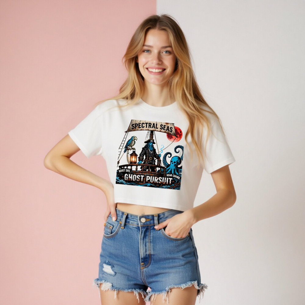 Women's Ghost Pursuit Crop Top | Spectral Seas Pirate Design with Blue Skeleton & Octopus - Image 8