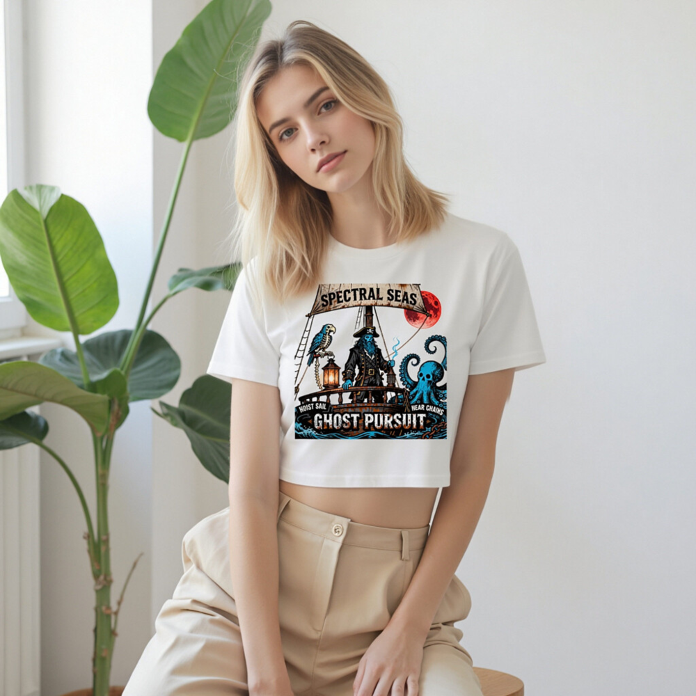 Women's Ghost Pursuit Crop Top | Spectral Seas Pirate Design with Blue Skeleton & Octopus - Image 9