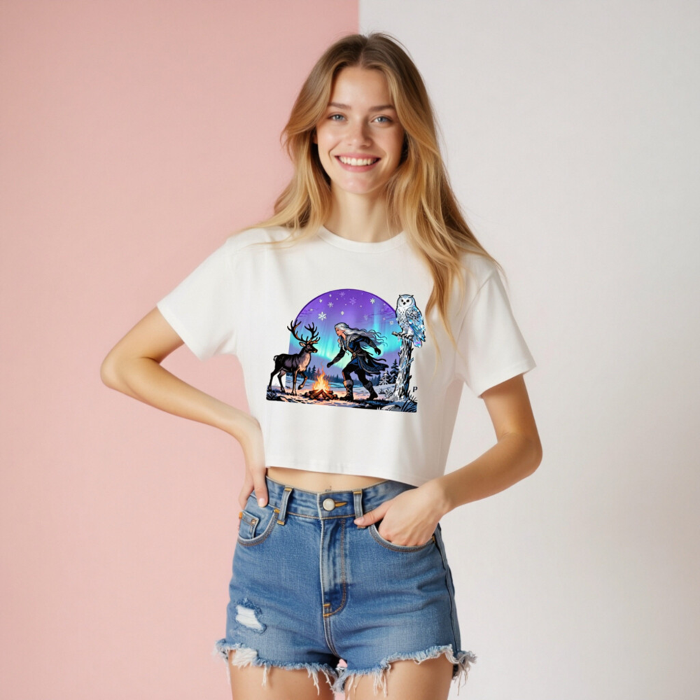 Women's Crop Top with Winter Deer & Owl Aurora Borealis Design - Image 8