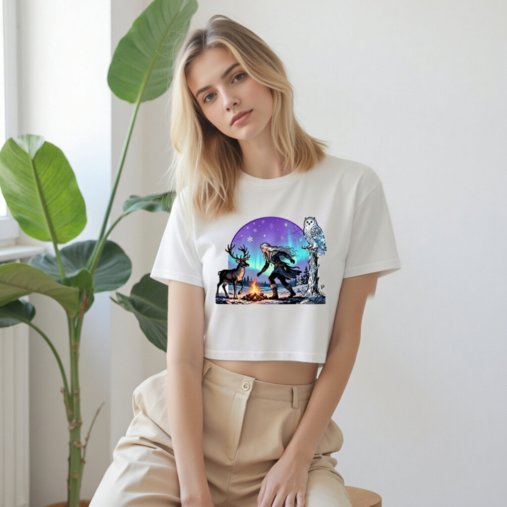 Women's Crop Top with Winter Deer & Owl Aurora Borealis Design - Image 9