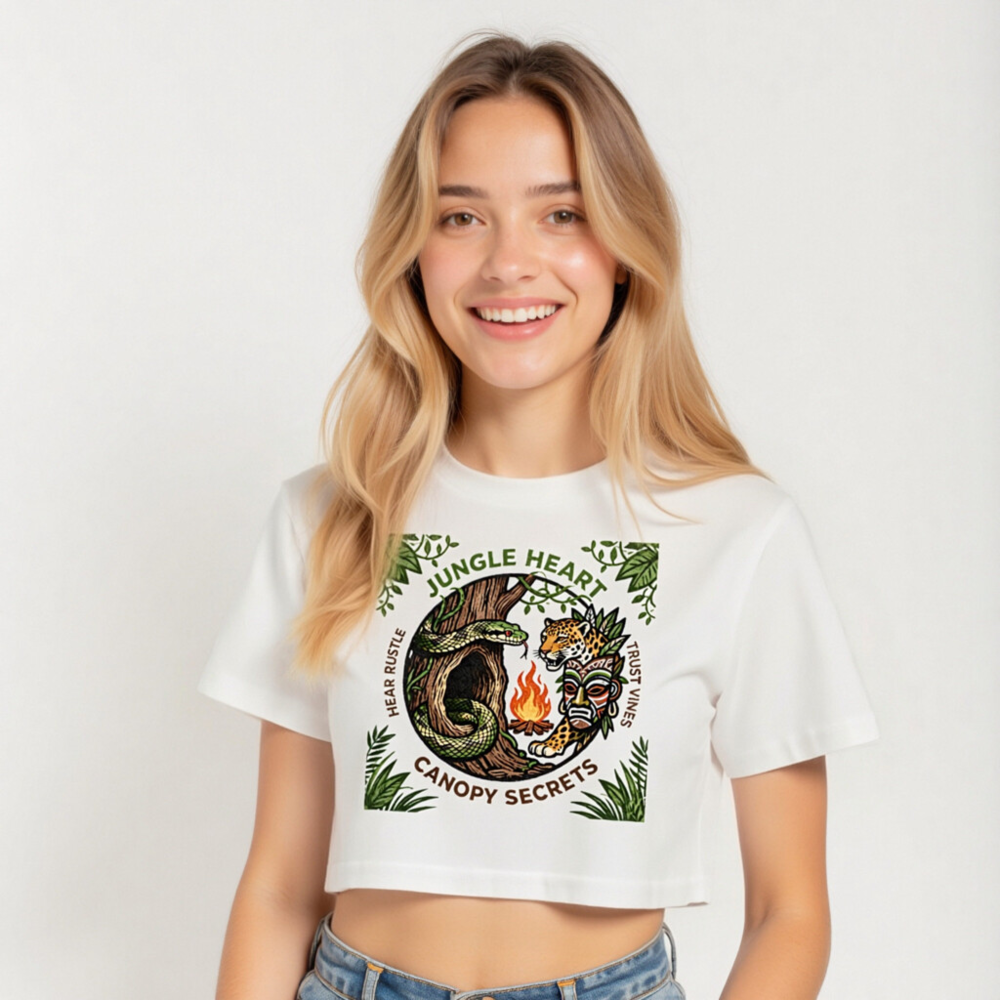 Jungle Heart Women's Crop Top | Snake, Jaguar & Tribal Mask Jungle Design - Image 5