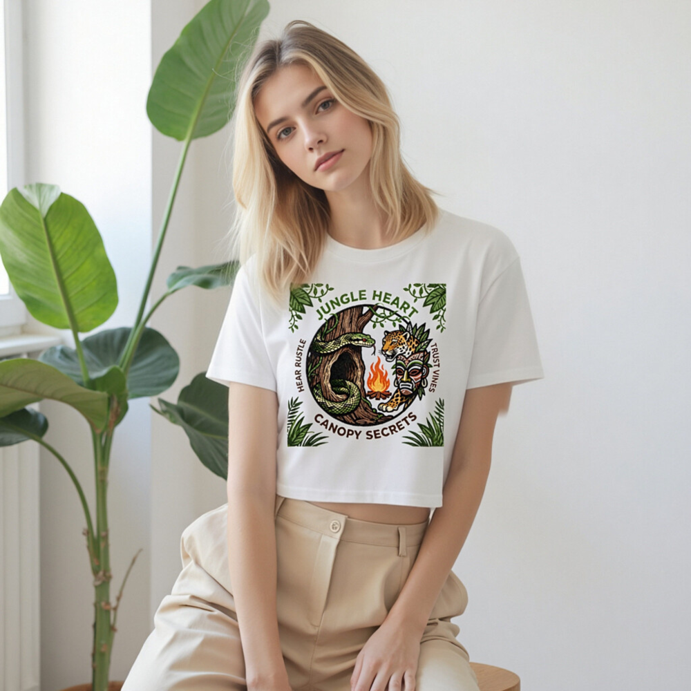Jungle Heart Women's Crop Top | Snake, Jaguar & Tribal Mask Jungle Design - Image 9