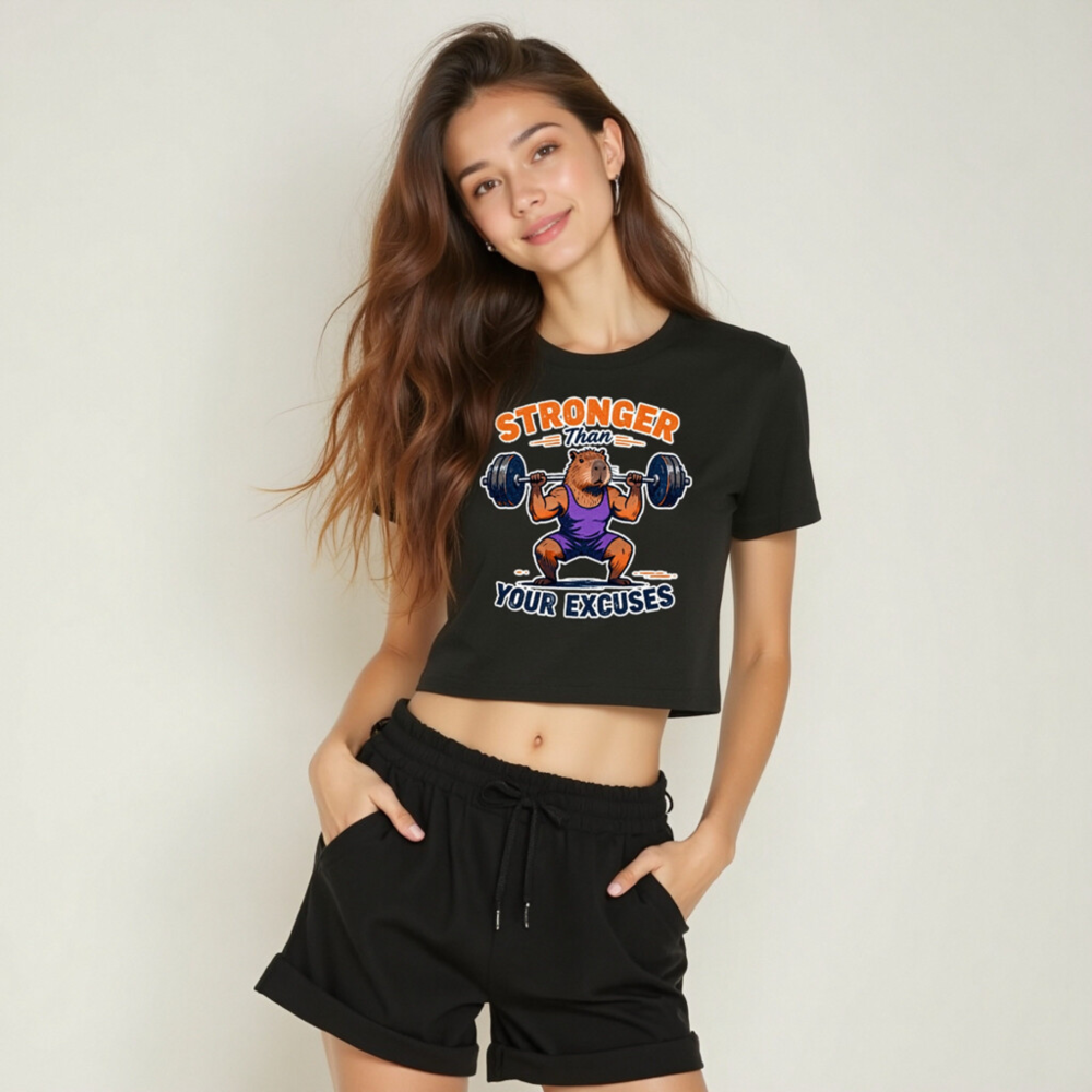 Stronger Than Your Excuses Capybara Women's Crop Top | Gym Motivation Fitness Tee - Image 6