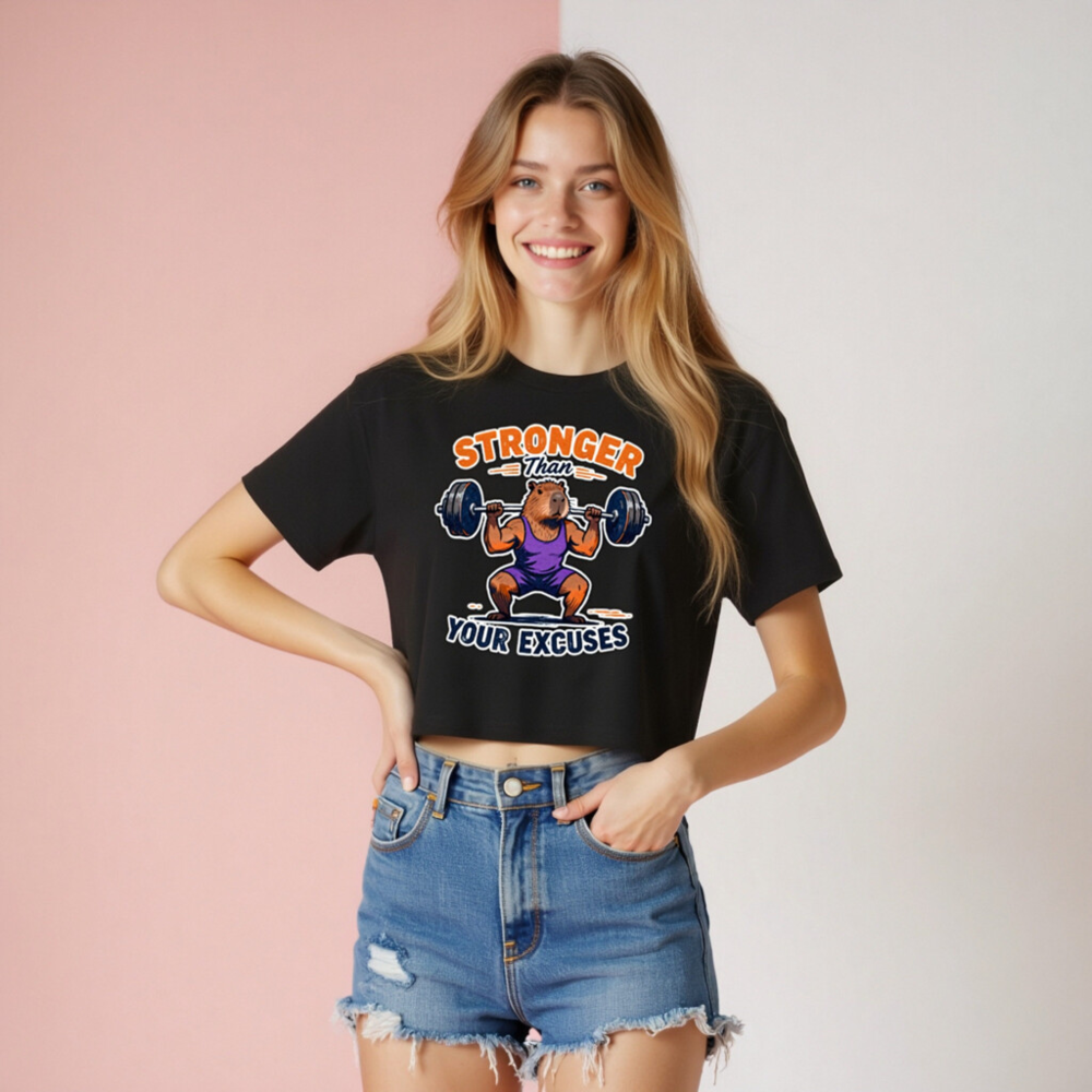 Stronger Than Your Excuses Capybara Women's Crop Top | Gym Motivation Fitness Tee - Image 8
