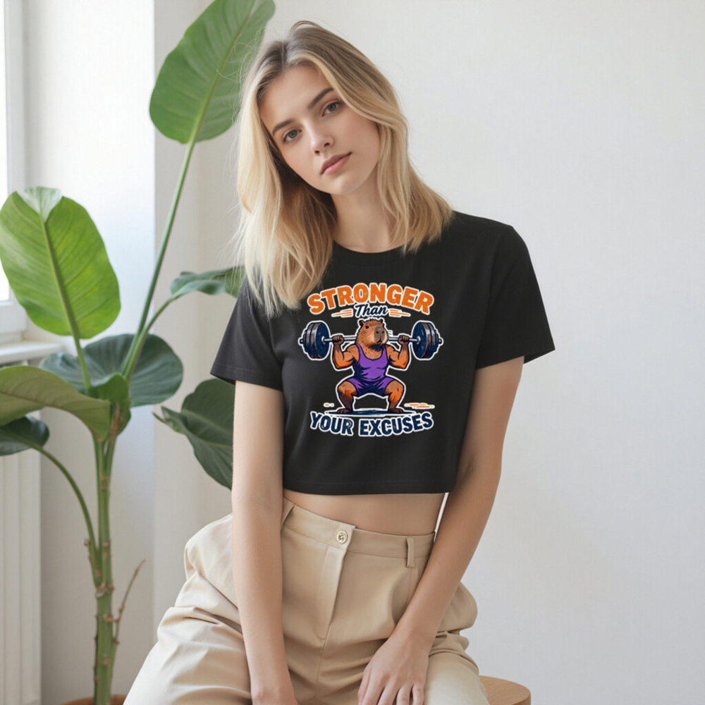 Stronger Than Your Excuses Capybara Women's Crop Top | Gym Motivation Fitness Tee - Image 9