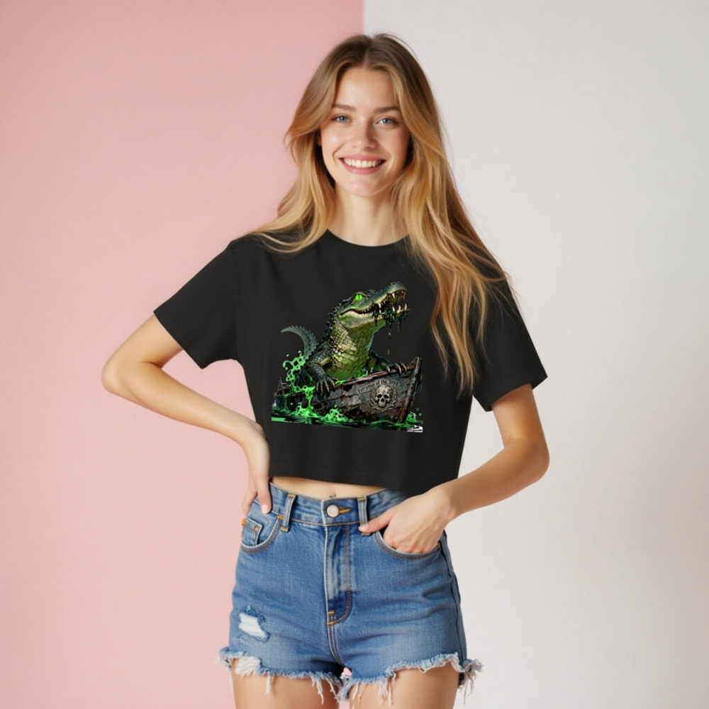 Women's Cropped Graphic Tee: Green Gator Ferryman of the Styx Boat Design - Image 8