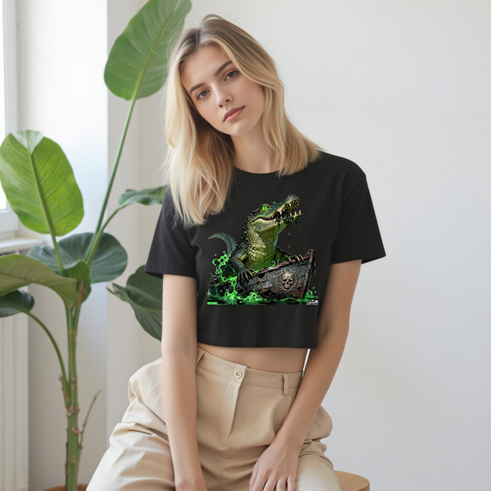 Women's Cropped Graphic Tee: Green Gator Ferryman of the Styx Boat Design - Image 9