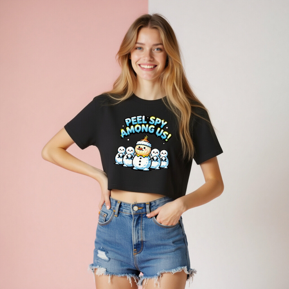 Peel Spy Among Us Snowman Women's Crop Top - Cute Onion Snowman Design - Image 8
