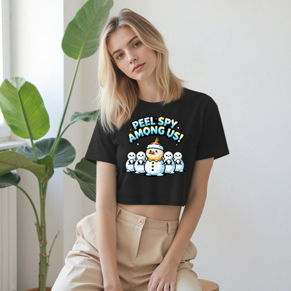 Peel Spy Among Us Snowman Women's Crop Top - Cute Onion Snowman Design - Image 9