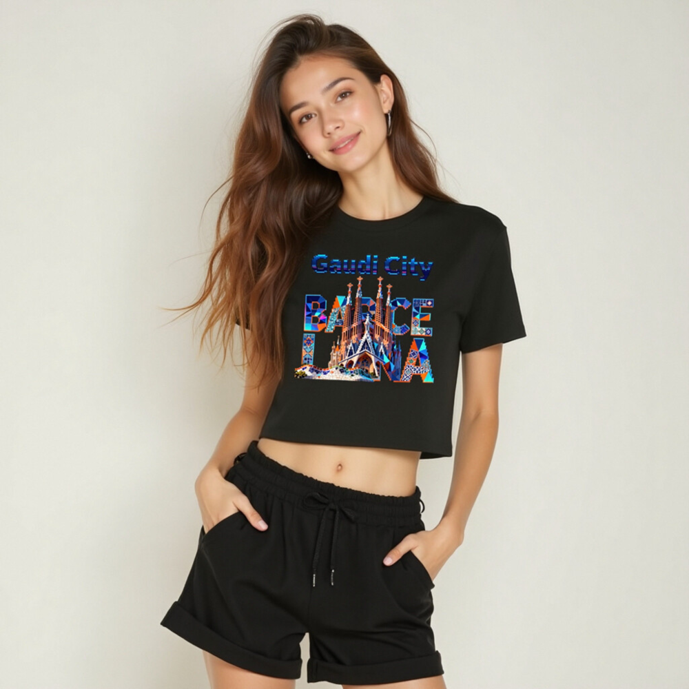 Gaudi City Barcelona Crop Top - Women's Short Sleeve T-Shirt with Sagrada Familia & Park Güell Design - Image 6