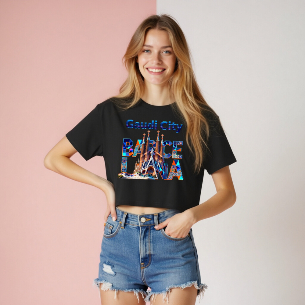 Gaudi City Barcelona Crop Top - Women's Short Sleeve T-Shirt with Sagrada Familia & Park Güell Design - Image 8