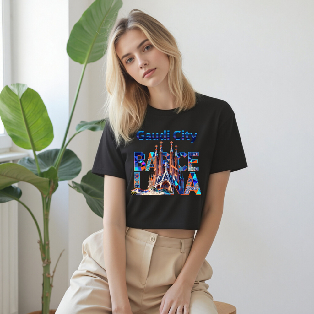 Gaudi City Barcelona Crop Top - Women's Short Sleeve T-Shirt with Sagrada Familia & Park Güell Design - Image 9