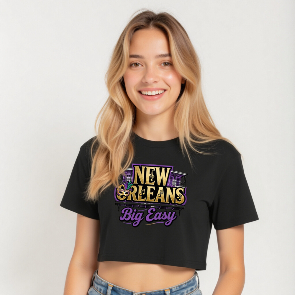 New Orleans Big Easy Women's Crop Top - Purple Gold Mardi Gras Design - Image 5