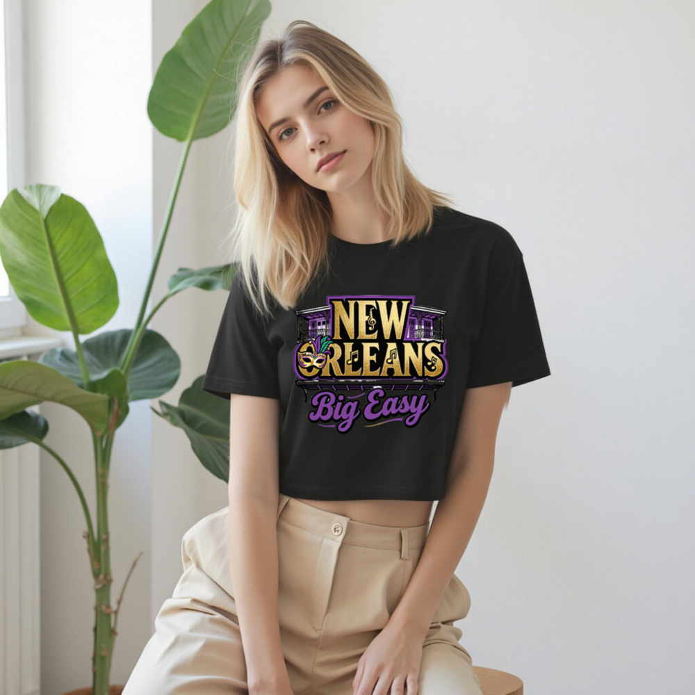 New Orleans Big Easy Women's Crop Top - Purple Gold Mardi Gras Design - Image 9