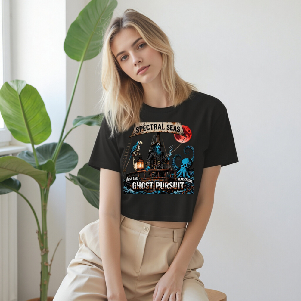 Spectral Seas Ghost Pursuit Women's Crop Top - Blue Pirate & Octopus Design - Image 9