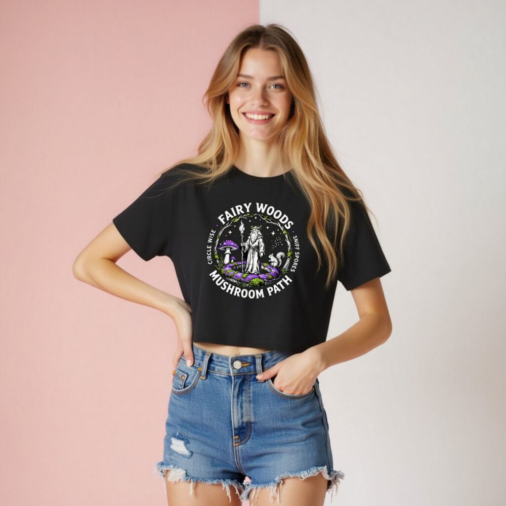 Women's Crop Top - Fairy Woods Mushroom Path, Circle Wise, Sniff Spores - Image 8