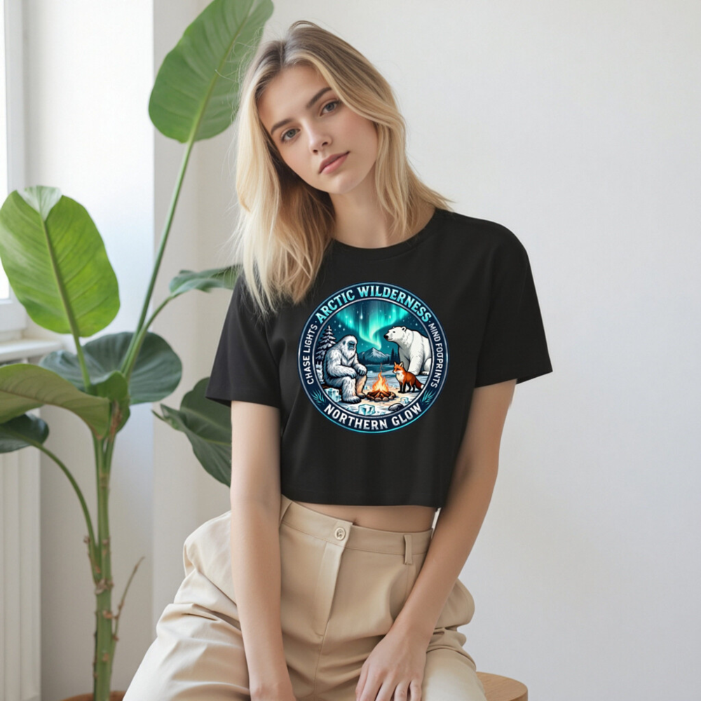 Arctic Wilderness Women's Crop Top - Northern Glow, Yeti & Polar Bear Campfire Design - Image 9