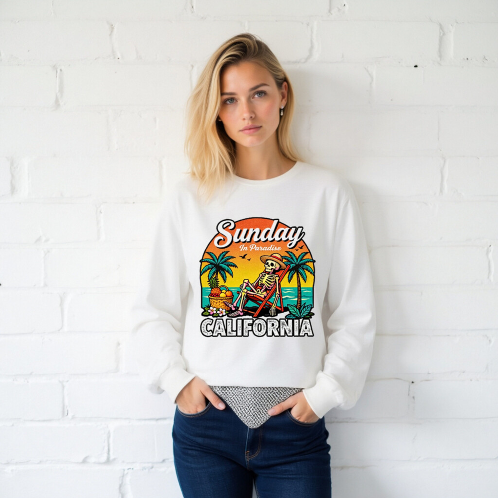 Sunday in Paradise California Skeleton Long Sleeve Tee - Unisex Beach Lounge Shirt - Image 2
